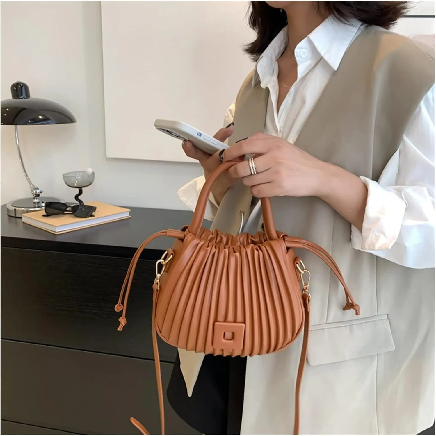Fashion Handbags Women Shoulder Crossbody Bags For Women Tote PU Leather Bucket Bag(Black)