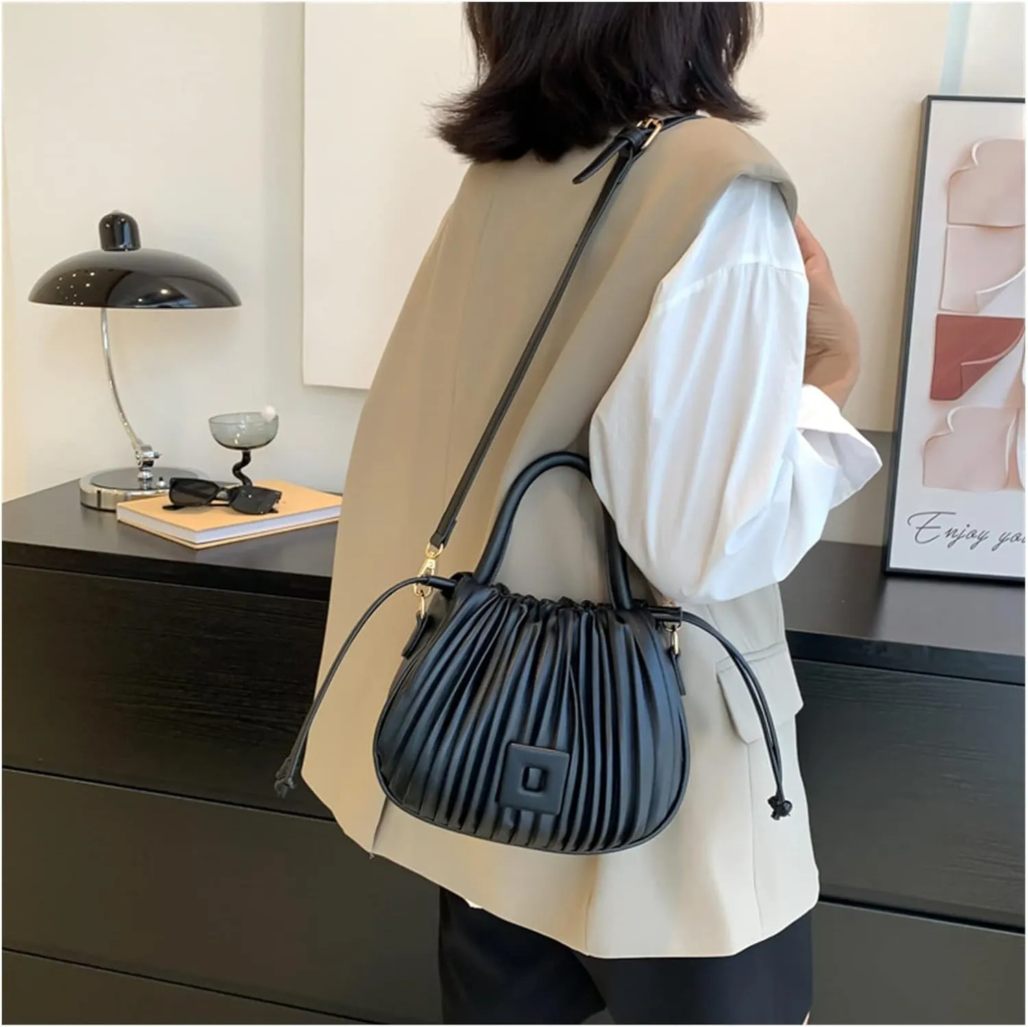 Fashion Handbags Women Shoulder Crossbody Bags For Women Tote PU Leather Bucket Bag(Black)