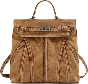 Fashion Washed Denim Backpack College Style Handbags Women Shoulder Bag Student School Bag Couple Travel Rucksacks (Waste soil brown)