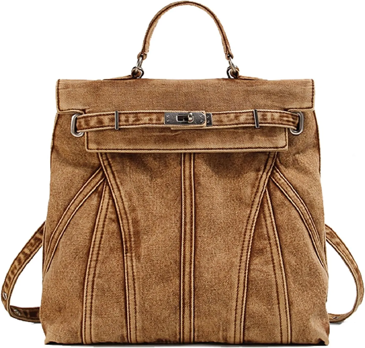 Fashion Washed Denim Backpack College Style Handbags Women Shoulder Bag Student School Bag Couple Travel Rucksacks (Waste soil brown)