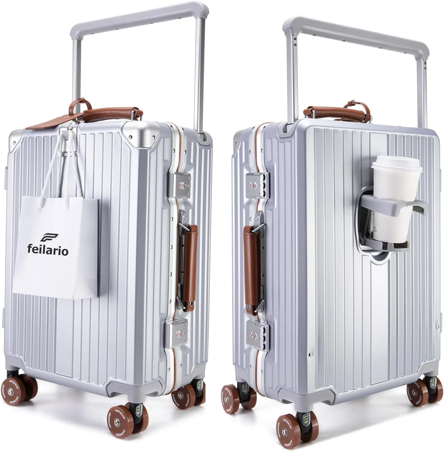 feilario 20" Aluminum Frame Wide Handle Hard Shell Carry On Suitcase - Vivid Colors Double Spinner Wheels Airline Approved Rolling Luggage with TSA Lock & Cup Holder (Silver, 20in)