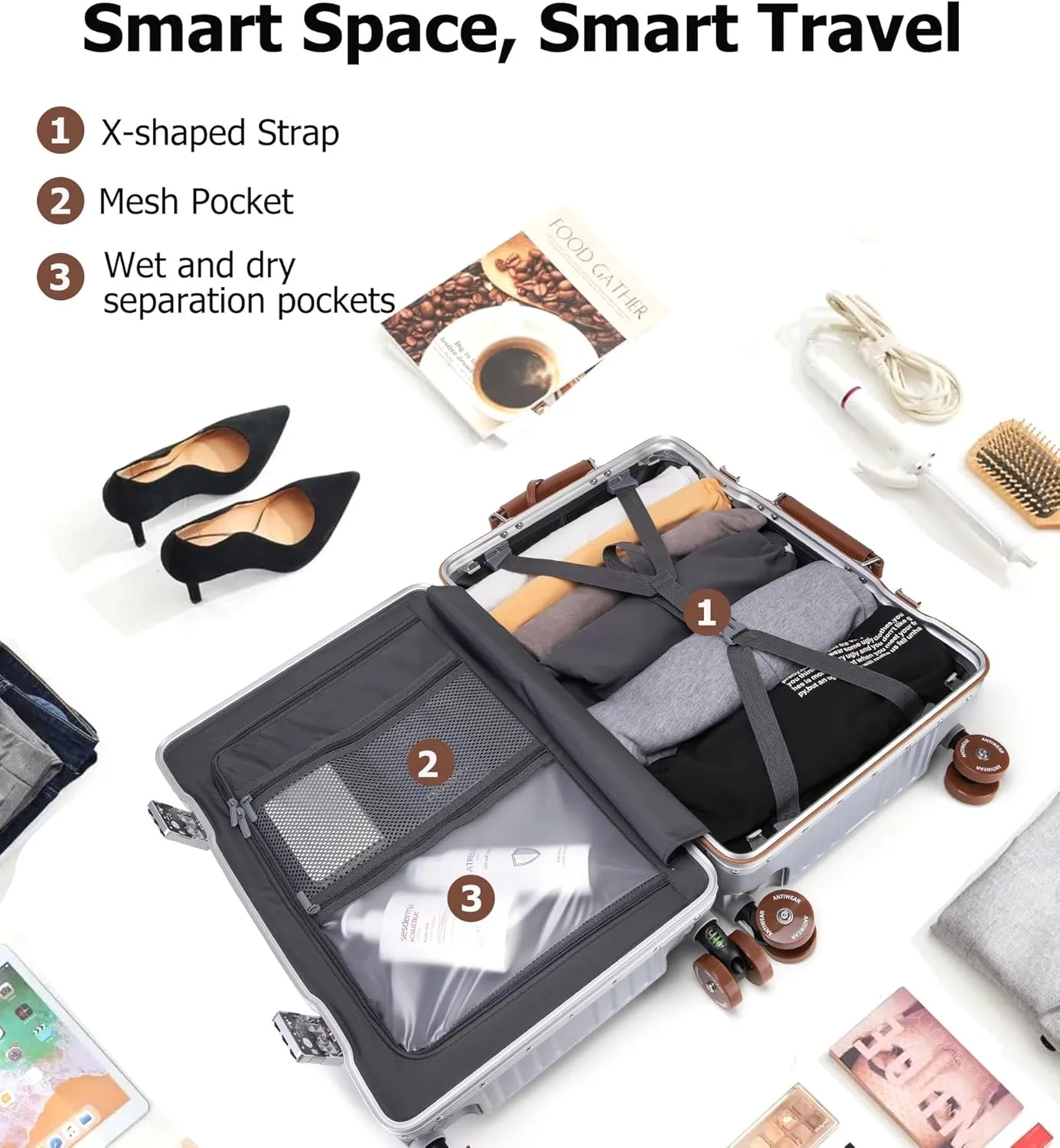 feilario 20" Aluminum Frame Wide Handle Hard Shell Carry On Suitcase - Vivid Colors Double Spinner Wheels Airline Approved Rolling Luggage with TSA Lock & Cup Holder (Silver, 20in)