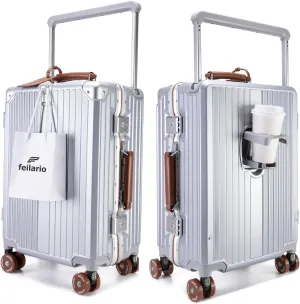 feilario 20" Aluminum Frame Wide Handle Hard Shell Carry On Suitcase - Vivid Colors Double Spinner Wheels Airline Approved Rolling Luggage with TSA Lock & Cup Holder (Silver, 20in)