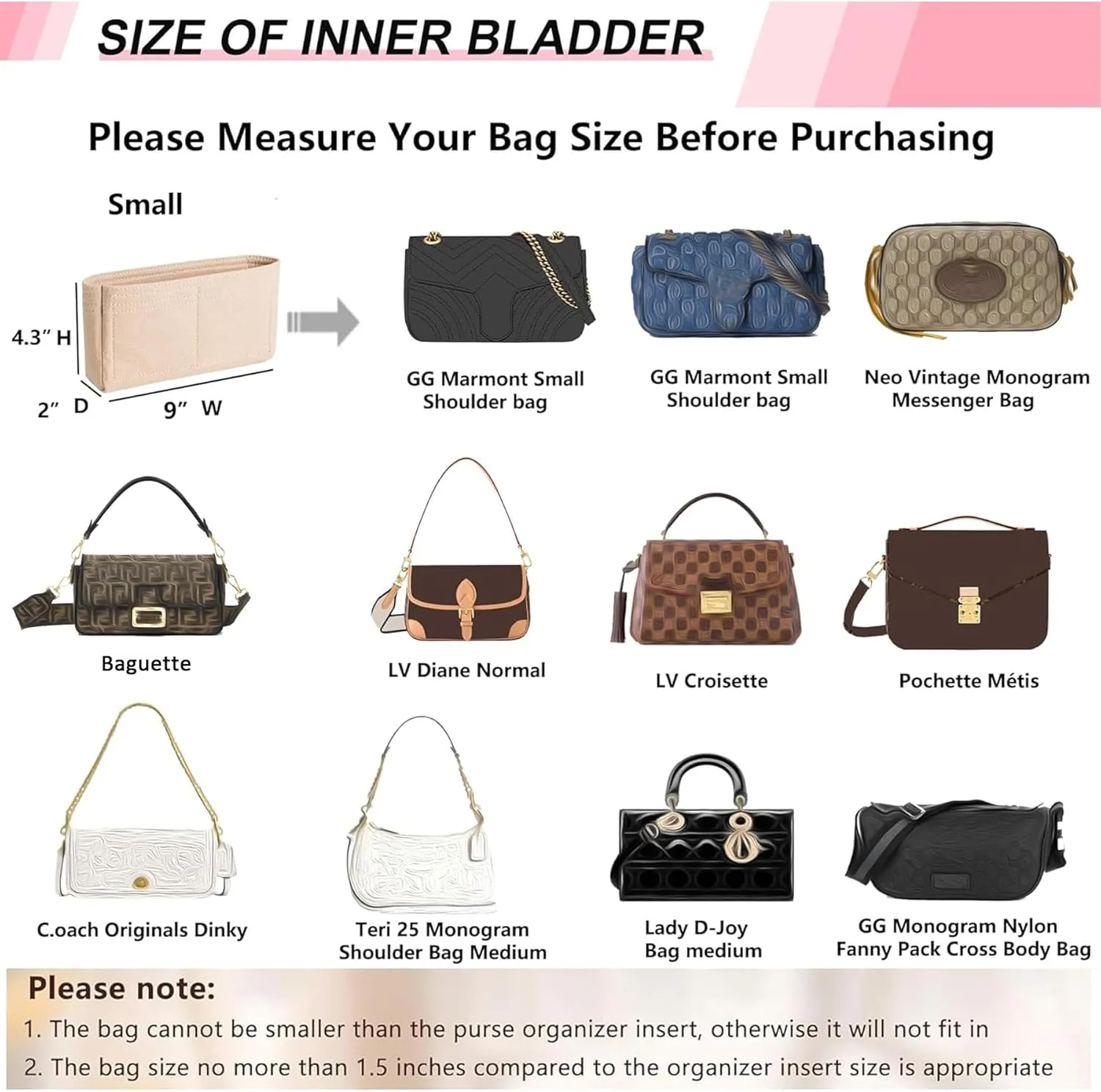 Felt Small Purse Organizer Insert with Zipper Fit GG Marmont Small Matelasse Shoulder Bag and More, Bag Insert Liner Pouch for Women Shoulder Handbag(Black, S)