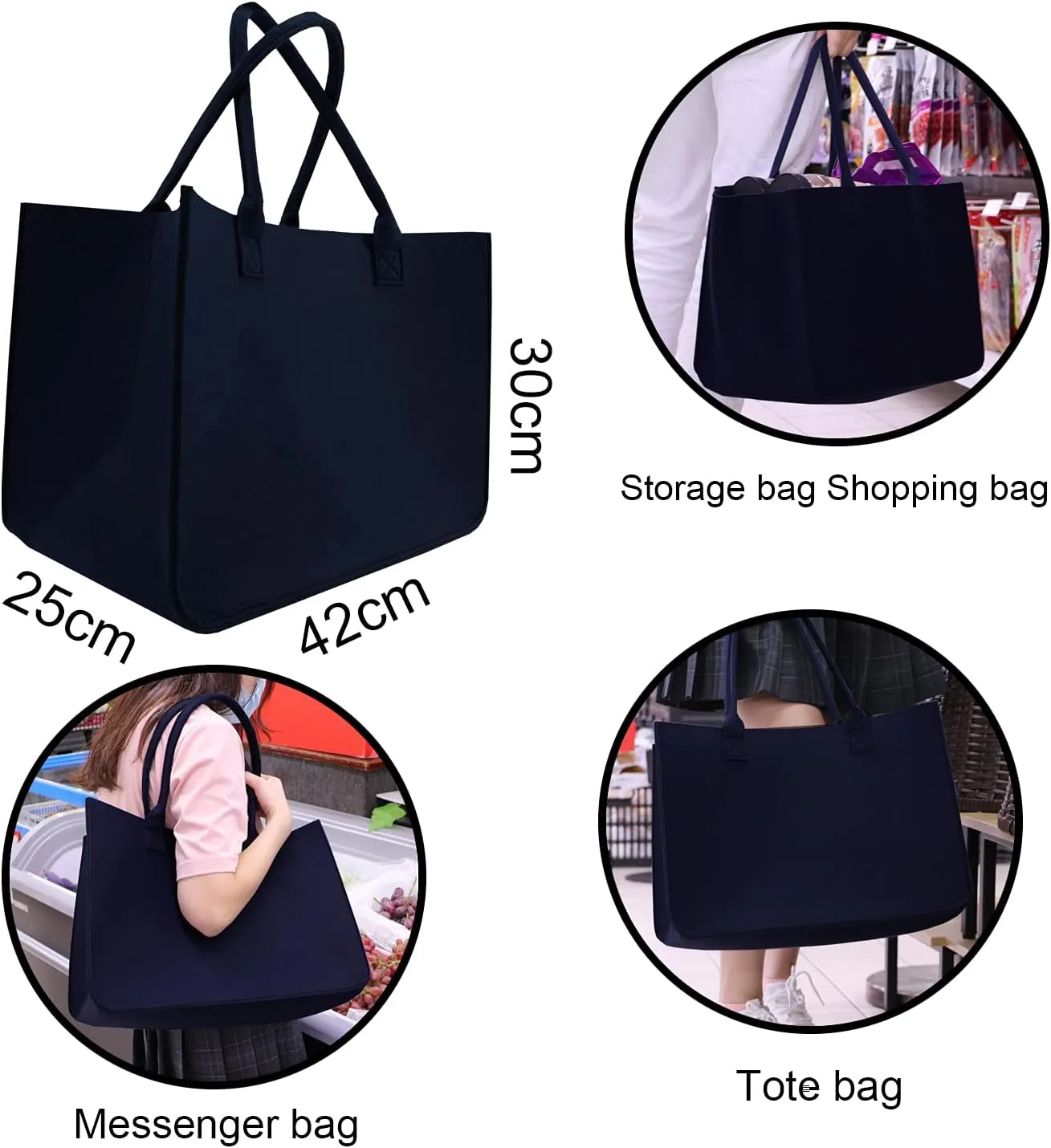 Felt Tote Bag, Large16 x12 x 10" Reusable Bags Dark Grey 3pcs Heavy Duty Grocery Tote Bag with Handles Grocery Tote Shopping Felt Bags for Grocery, Beach, Travel, Study, Gym, Gifts