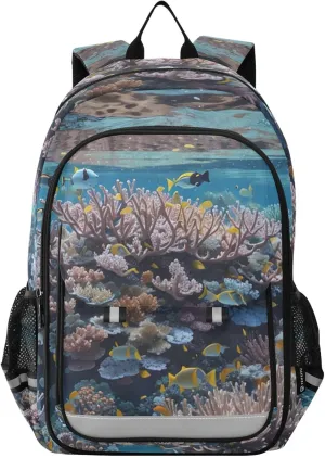 Fish Coral Reef Large Backpack for Men Women Travel Laptop Daypack Book Bag Shoulder Bag Cute Cool Funny Backpack with Reflective Strip 12.9 ×17.7 In