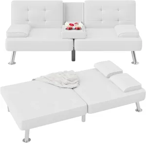 Flamaker Futon Sofa Bed Modern Folding Futon Set PU Leather Convertible Recliner Lounge for Living Room with 2 Cup Holders, Removable Armrests (PU Leather, White)