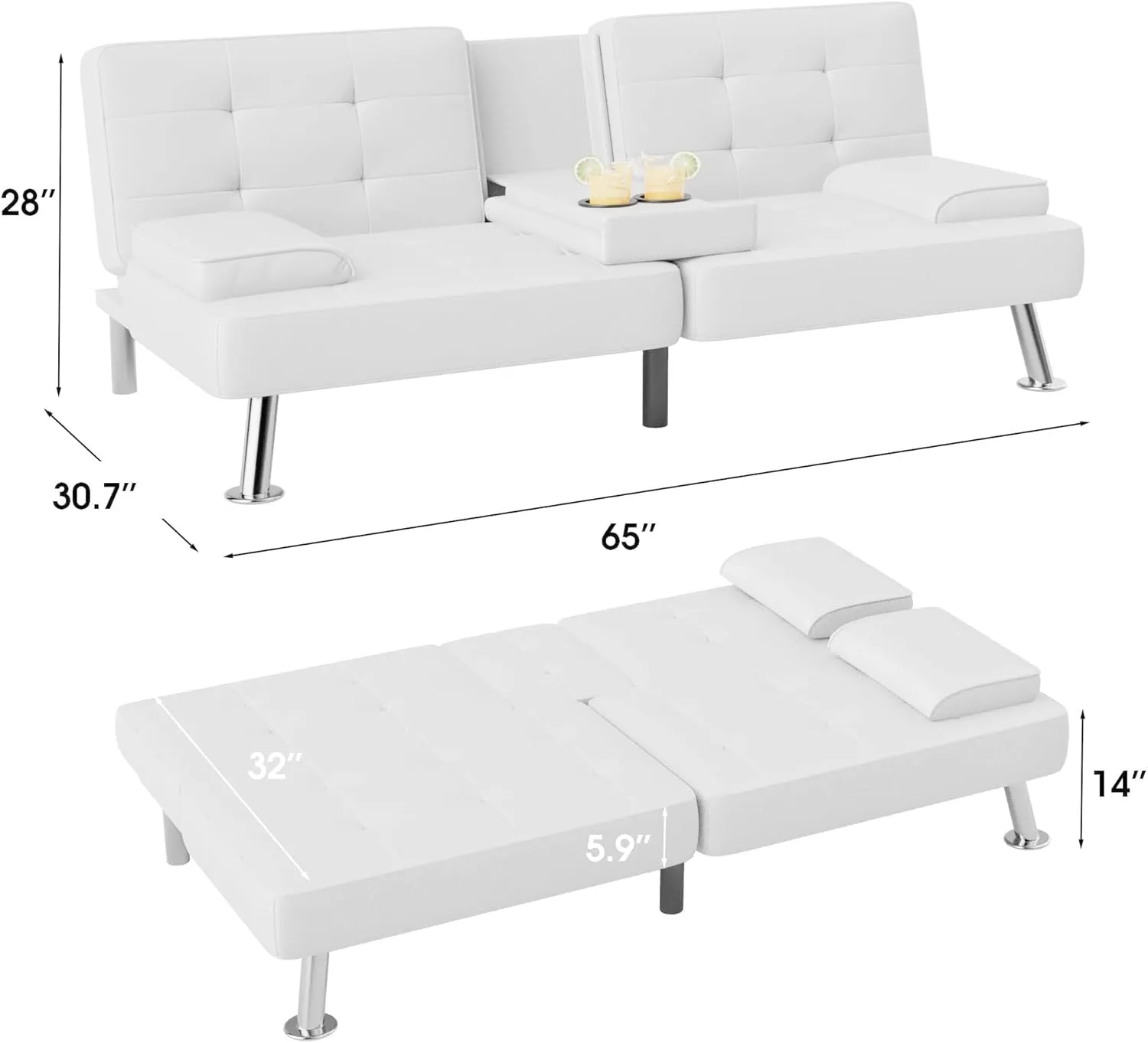 Flamaker Futon Sofa Bed Modern Folding Futon Set PU Leather Convertible Recliner Lounge for Living Room with 2 Cup Holders, Removable Armrests (PU Leather, White)
