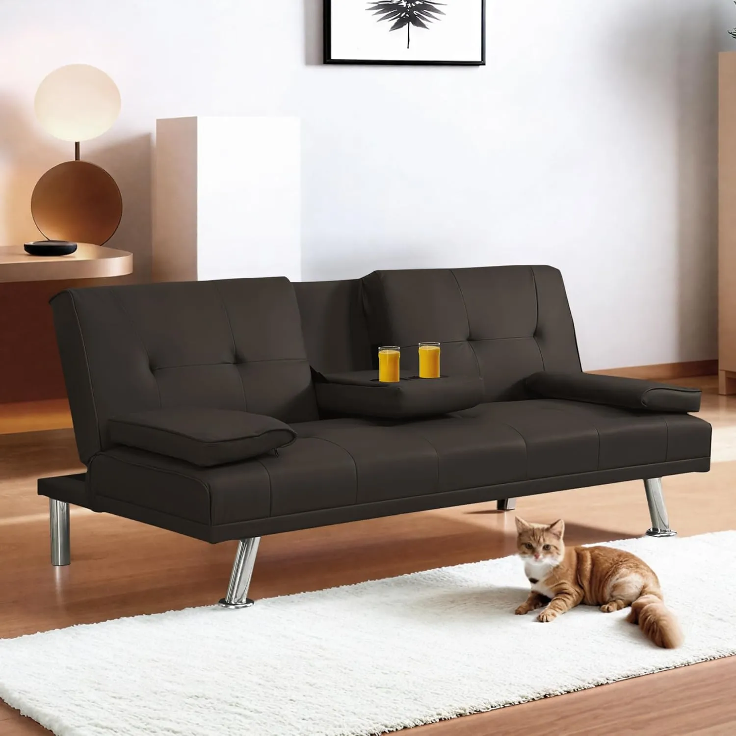Flexispot Futon Sofa Bed with Cup Holders, Convertible Sleeper Couch with Adjustable Backrest, Folding Loveseat Sofa for Small Spaces, Apartment, Guest Room, Office (PU Leather, Dark Brown)