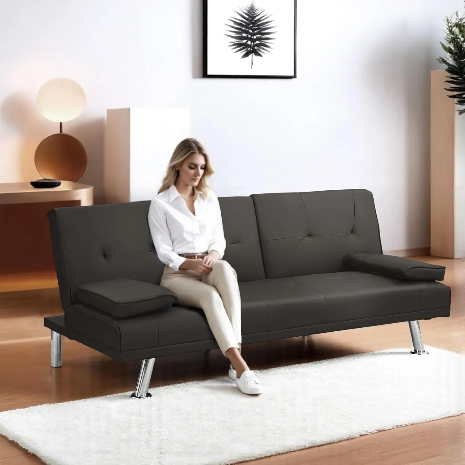 Flexispot Futon Sofa Bed with Cup Holders, Convertible Sleeper Couch with Adjustable Backrest, Folding Loveseat Sofa for Small Spaces, Apartment, Guest Room, Office (PU Leather, Dark Brown)