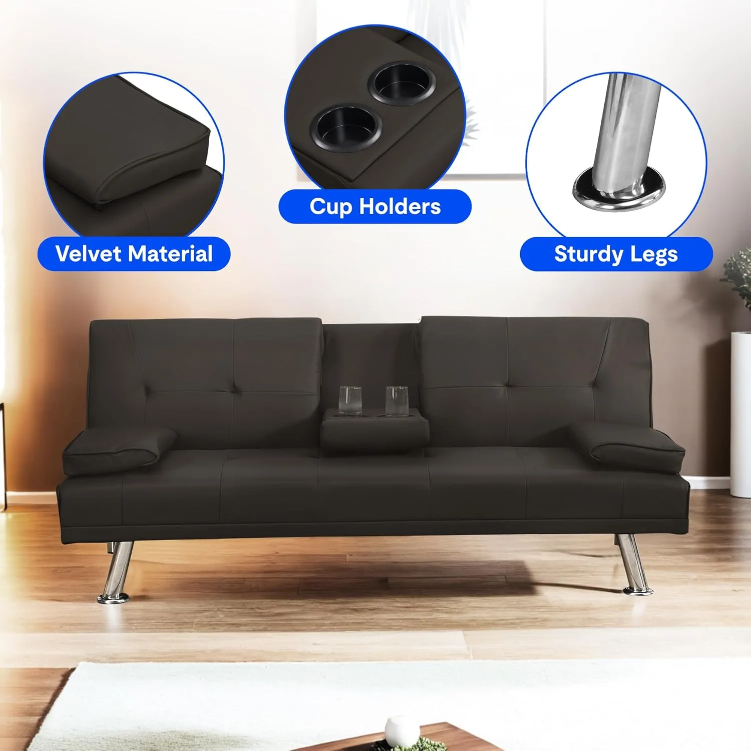 Flexispot Futon Sofa Bed with Cup Holders, Convertible Sleeper Couch with Adjustable Backrest, Folding Loveseat Sofa for Small Spaces, Apartment, Guest Room, Office (PU Leather, Dark Brown)