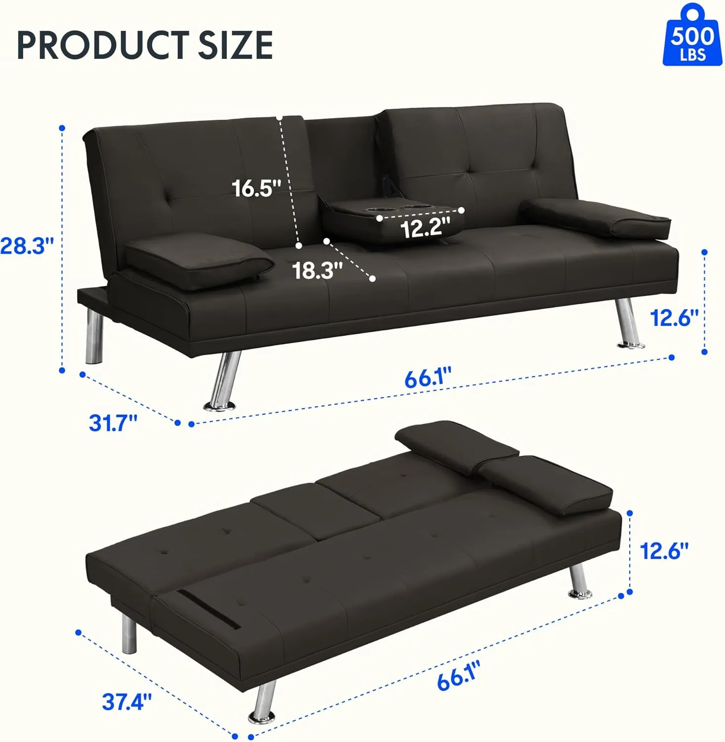 Flexispot Futon Sofa Bed with Cup Holders, Convertible Sleeper Couch with Adjustable Backrest, Folding Loveseat Sofa for Small Spaces, Apartment, Guest Room, Office (PU Leather, Dark Brown)