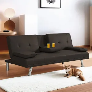 Flexispot Futon Sofa Bed with Cup Holders, Convertible Sleeper Couch with Adjustable Backrest, Folding Loveseat Sofa for Small Spaces, Apartment, Guest Room, Office (PU Leather, Dark Brown)