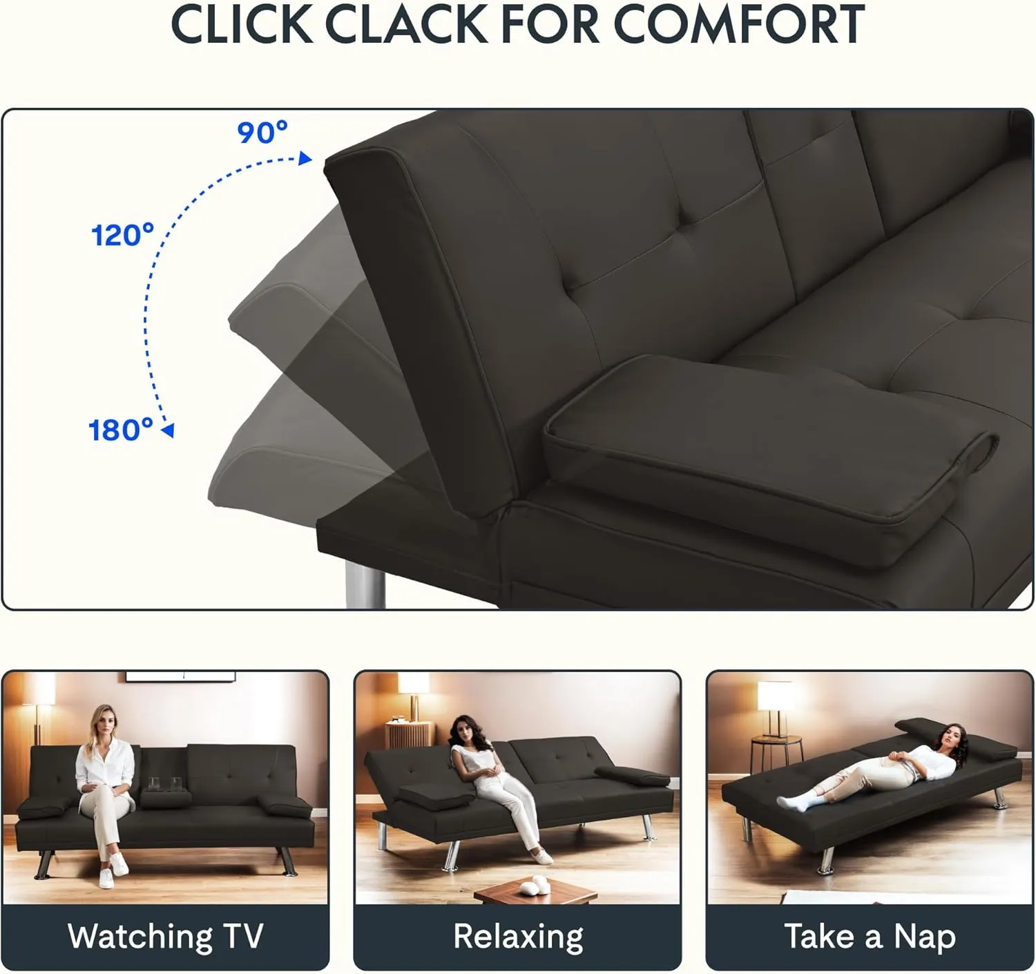 Flexispot Futon Sofa Bed with Cup Holders, Convertible Sleeper Couch with Adjustable Backrest, Folding Loveseat Sofa for Small Spaces, Apartment, Guest Room, Office (PU Leather, Dark Brown)