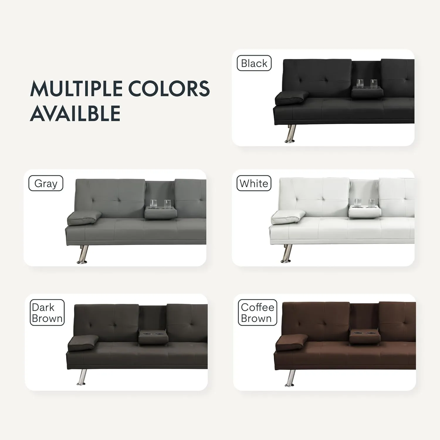 Flexispot Futon Sofa Bed with Cup Holders, Convertible Sleeper Couch with Adjustable Backrest, Folding Loveseat Sofa for Small Spaces, Apartment, Guest Room, Office (PU Leather, Dark Brown)