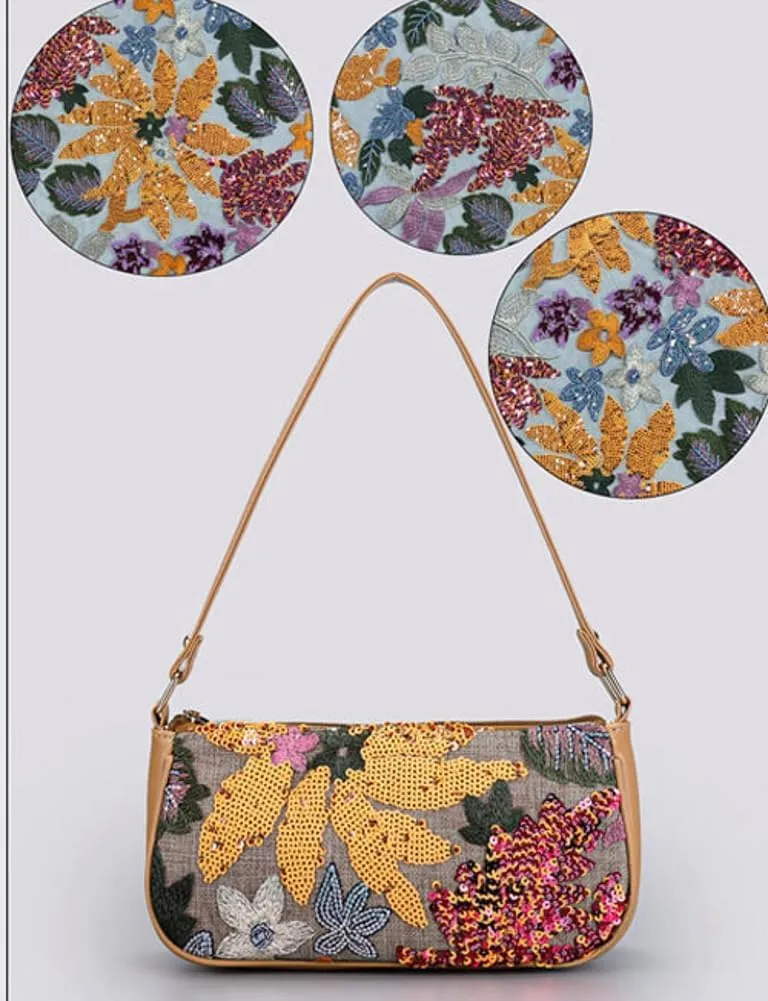 Floral Embroidery Hobo Bags for Women Underarm Summer Beach Bag Embroider Purse Sequin Beaded Evening Cluch Shoulder Bag 2025