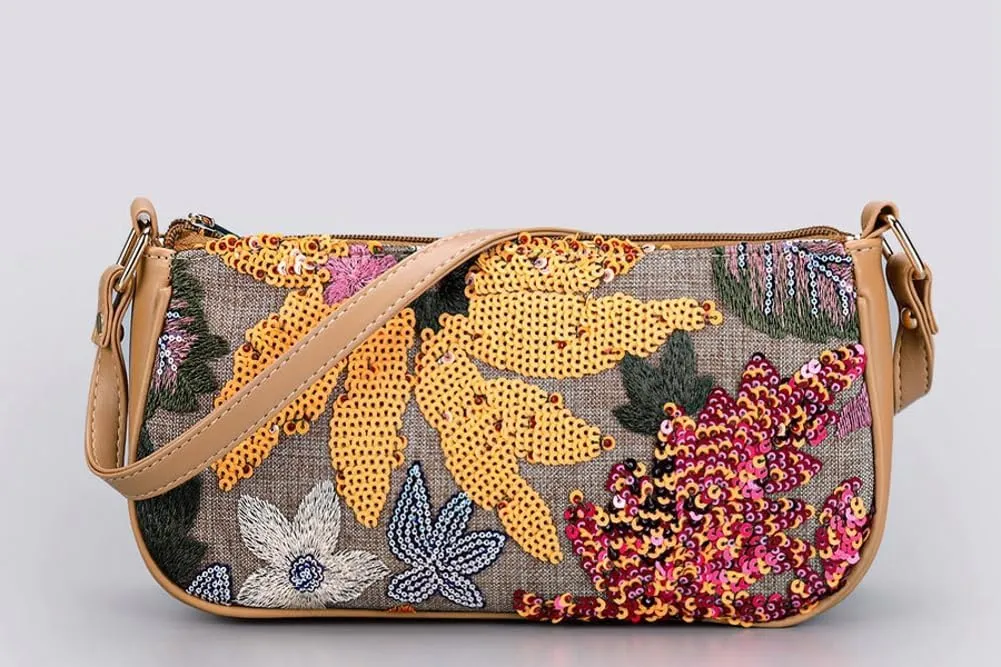 Floral Embroidery Hobo Bags for Women Underarm Summer Beach Bag Embroider Purse Sequin Beaded Evening Cluch Shoulder Bag 2025