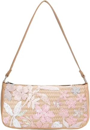 Floral Embroidery Hobo Bags for Women Underarm Summer Beach Bag Embroider Purse Sequin Beaded Evening Cluch Shoulder Bag 2025