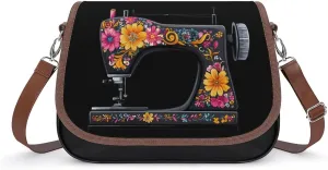 Flower Seamstress Sewing Machine Crossbody Bags PU Leather Purses Shoulder Handbag with Adjustable Shoulder Strap