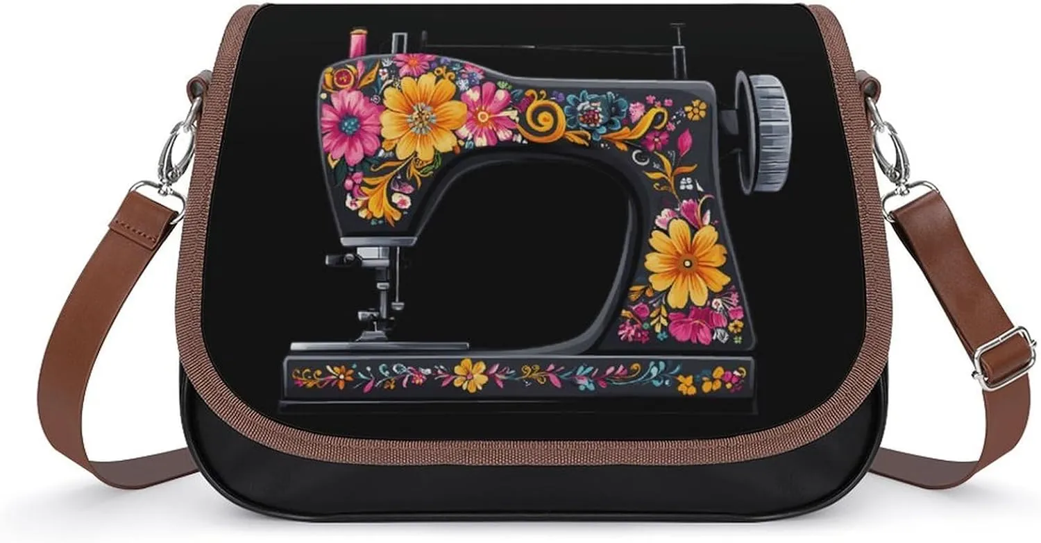 Flower Seamstress Sewing Machine Crossbody Bags PU Leather Purses Shoulder Handbag with Adjustable Shoulder Strap