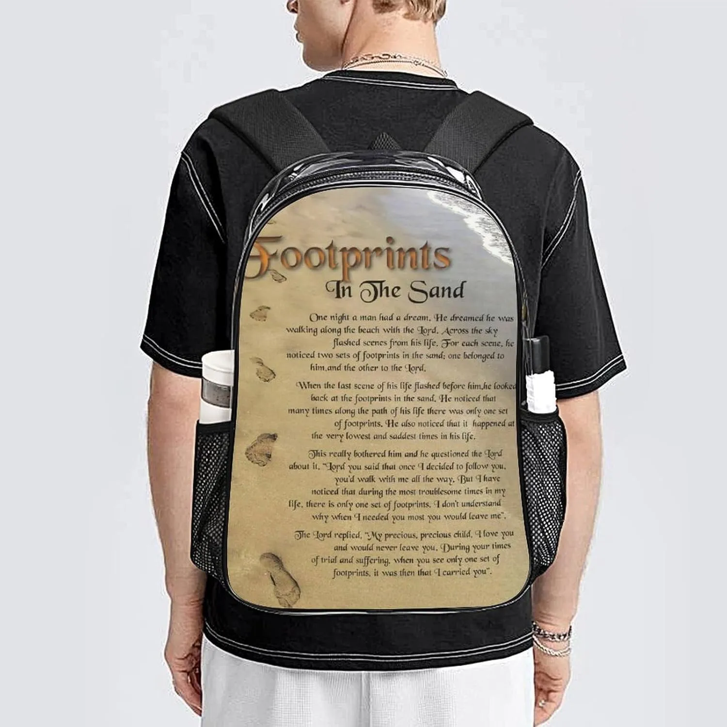 FootPrints in THESandPoem Characters 17 Inch Transparent Bag Made of PVC Material for Both Men And Women
