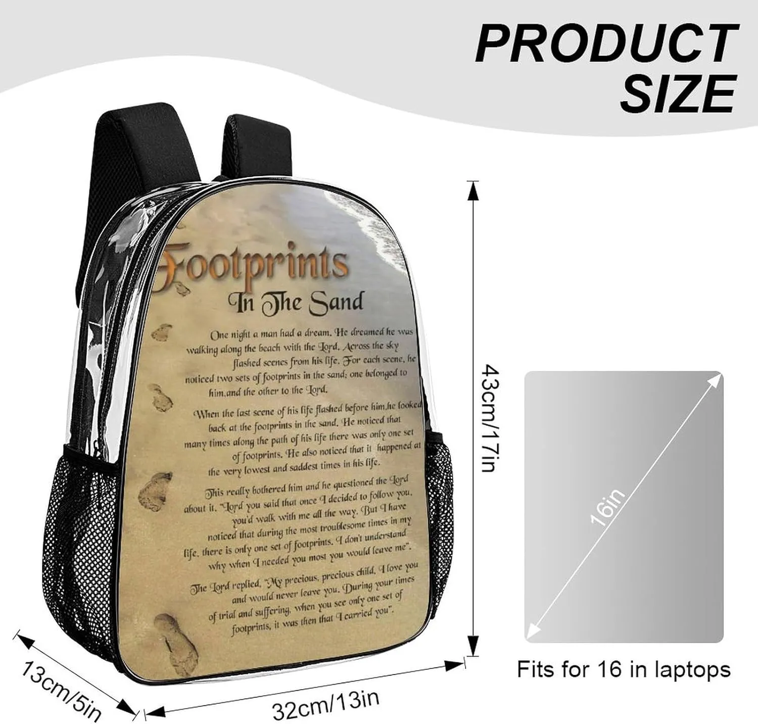 FootPrints in THESandPoem Characters 17 Inch Transparent Bag Made of PVC Material for Both Men And Women