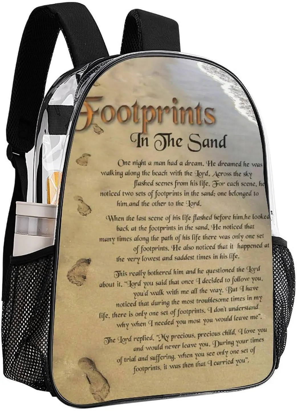 FootPrints in THESandPoem Characters 17 Inch Transparent Bag Made of PVC Material for Both Men And Women