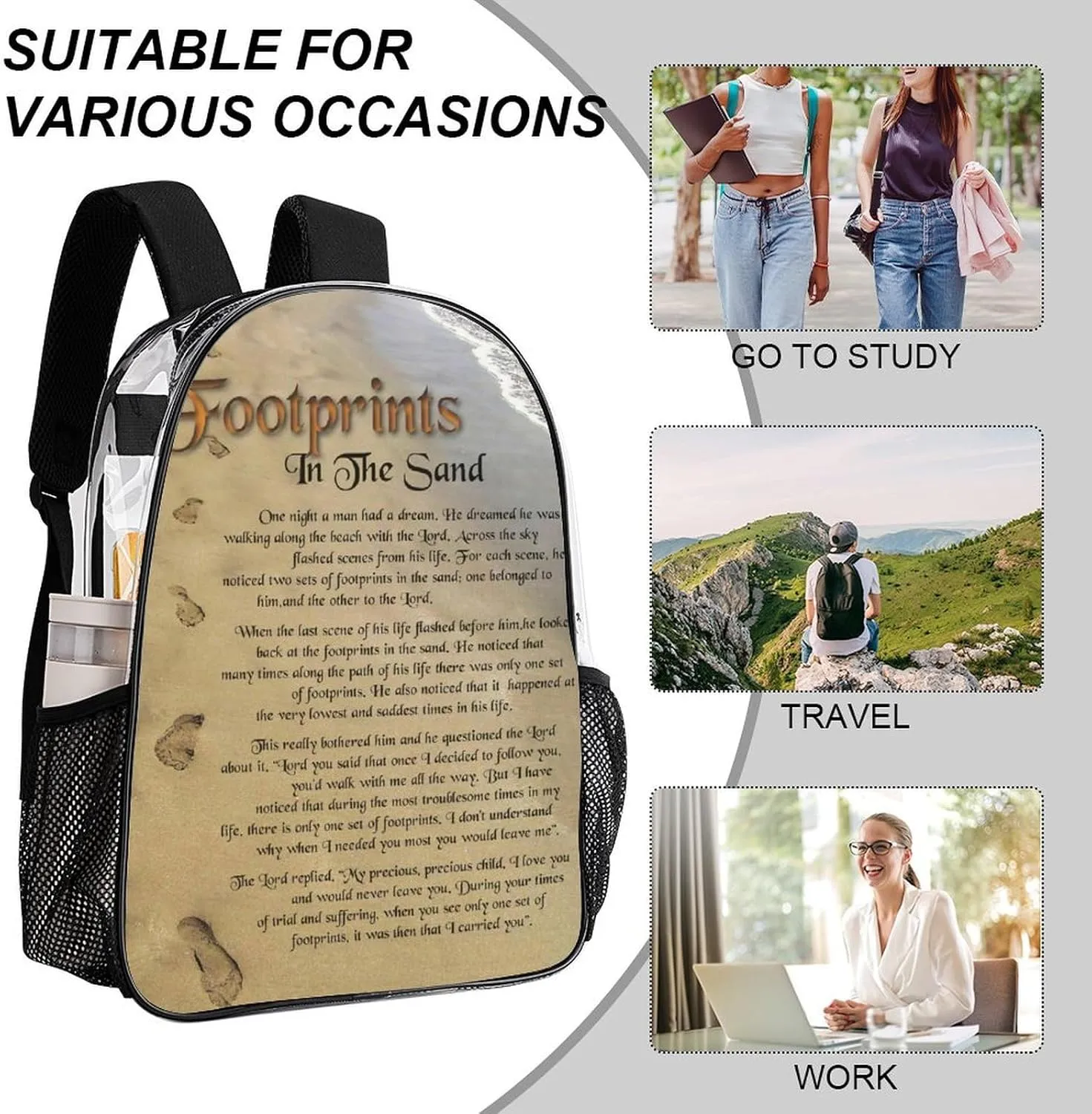 FootPrints in THESandPoem Characters 17 Inch Transparent Bag Made of PVC Material for Both Men And Women