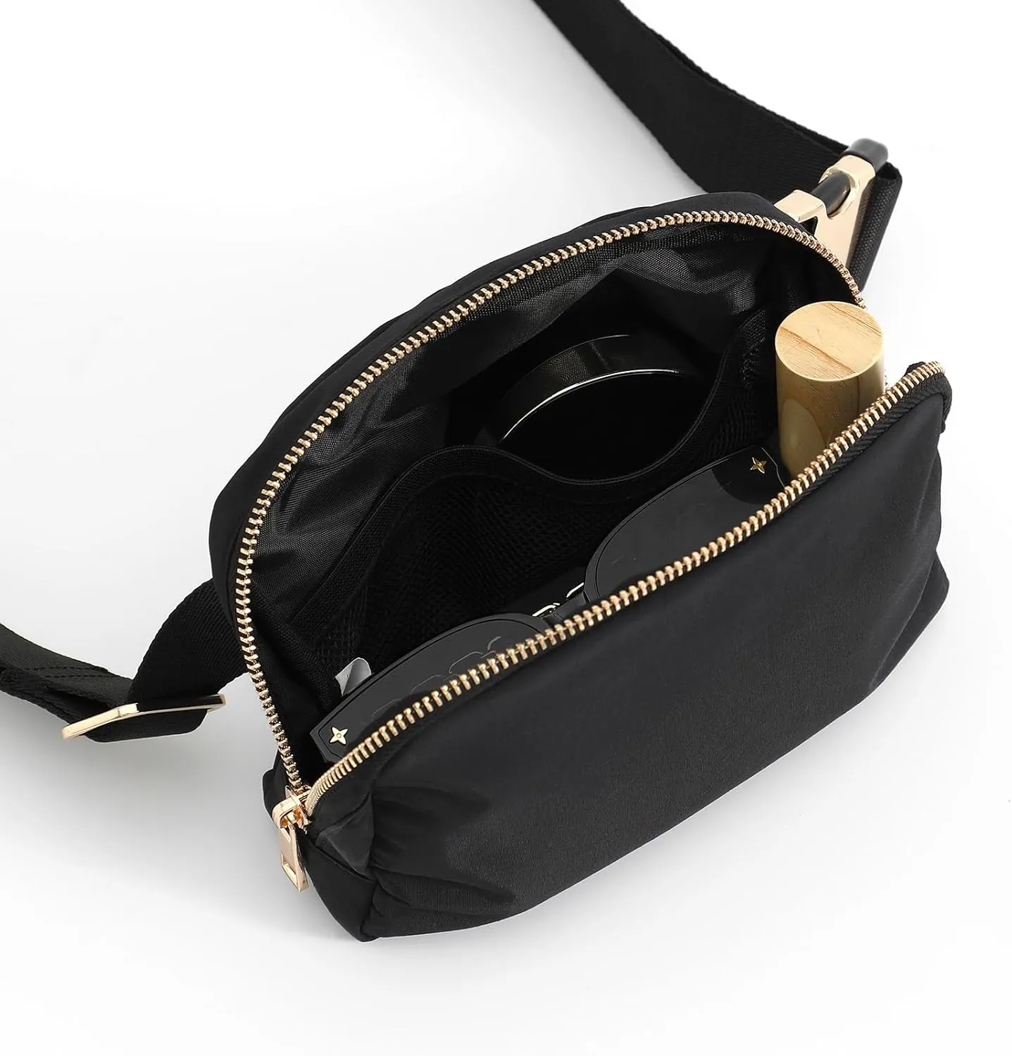FORZAROCKET Boutique Belt Bag w/Long Strap 70" – Chic Crossbody Bag w/Extended Strap – Elegant Women Fanny Pack – Gold Two-Way Zipper – Travel & Plus Size Friendly, Black w/Gold Hardware