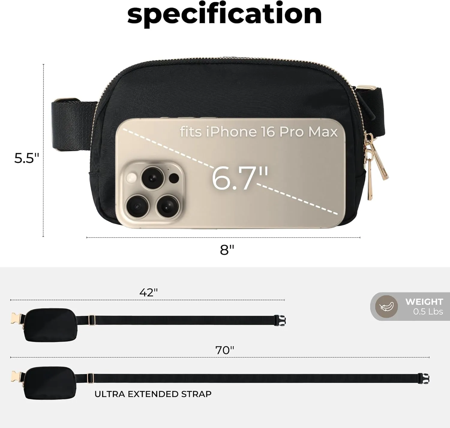 FORZAROCKET Boutique Belt Bag w/Long Strap 70" – Chic Crossbody Bag w/Extended Strap – Elegant Women Fanny Pack – Gold Two-Way Zipper – Travel & Plus Size Friendly, Black w/Gold Hardware