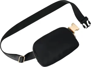FORZAROCKET Boutique Belt Bag w/Long Strap 70" – Chic Crossbody Bag w/Extended Strap – Elegant Women Fanny Pack – Gold Two-Way Zipper – Travel & Plus Size Friendly, Black w/Gold Hardware