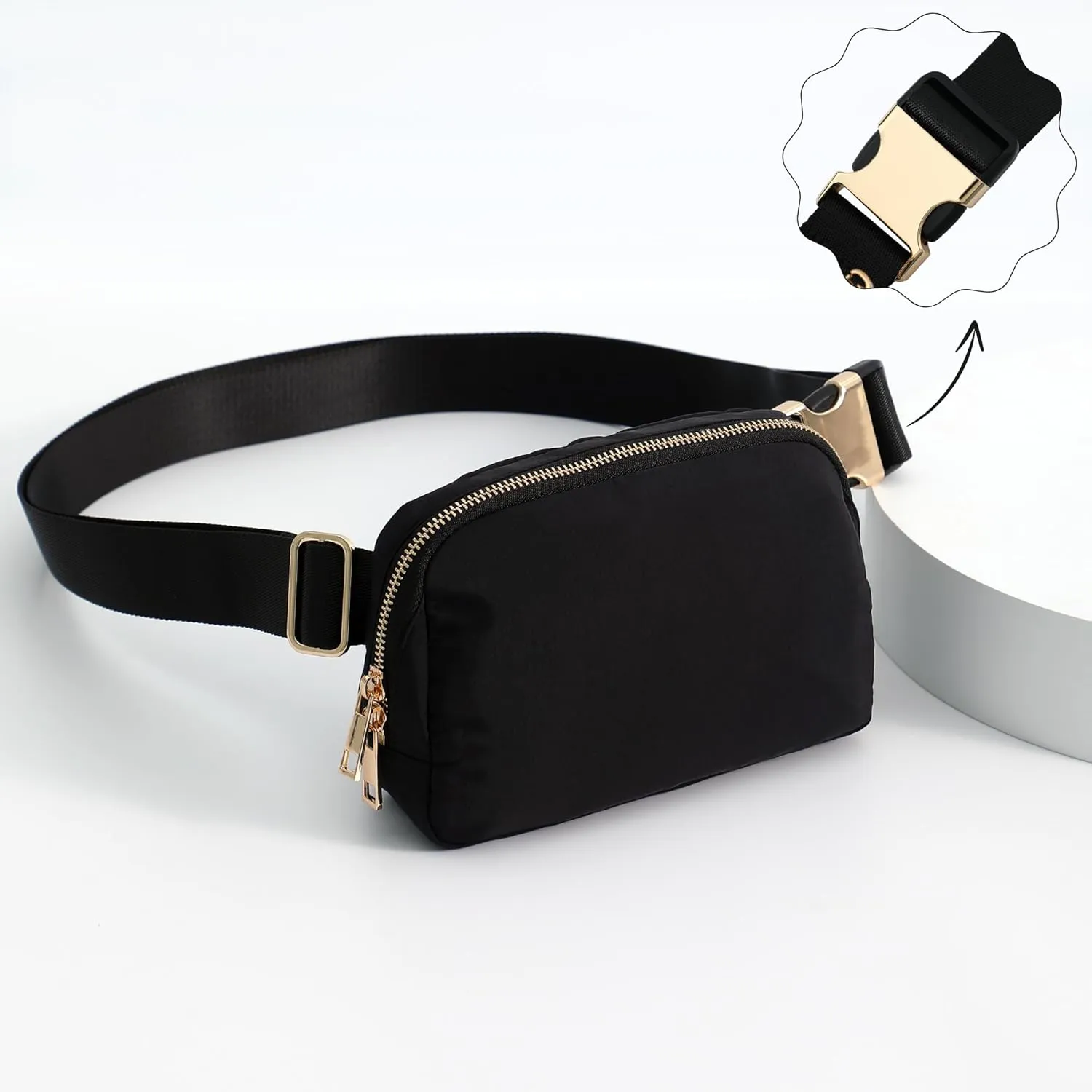 FORZAROCKET Boutique Belt Bag w/Long Strap 70" – Chic Crossbody Bag w/Extended Strap – Elegant Women Fanny Pack – Gold Two-Way Zipper – Travel & Plus Size Friendly, Black w/Gold Hardware