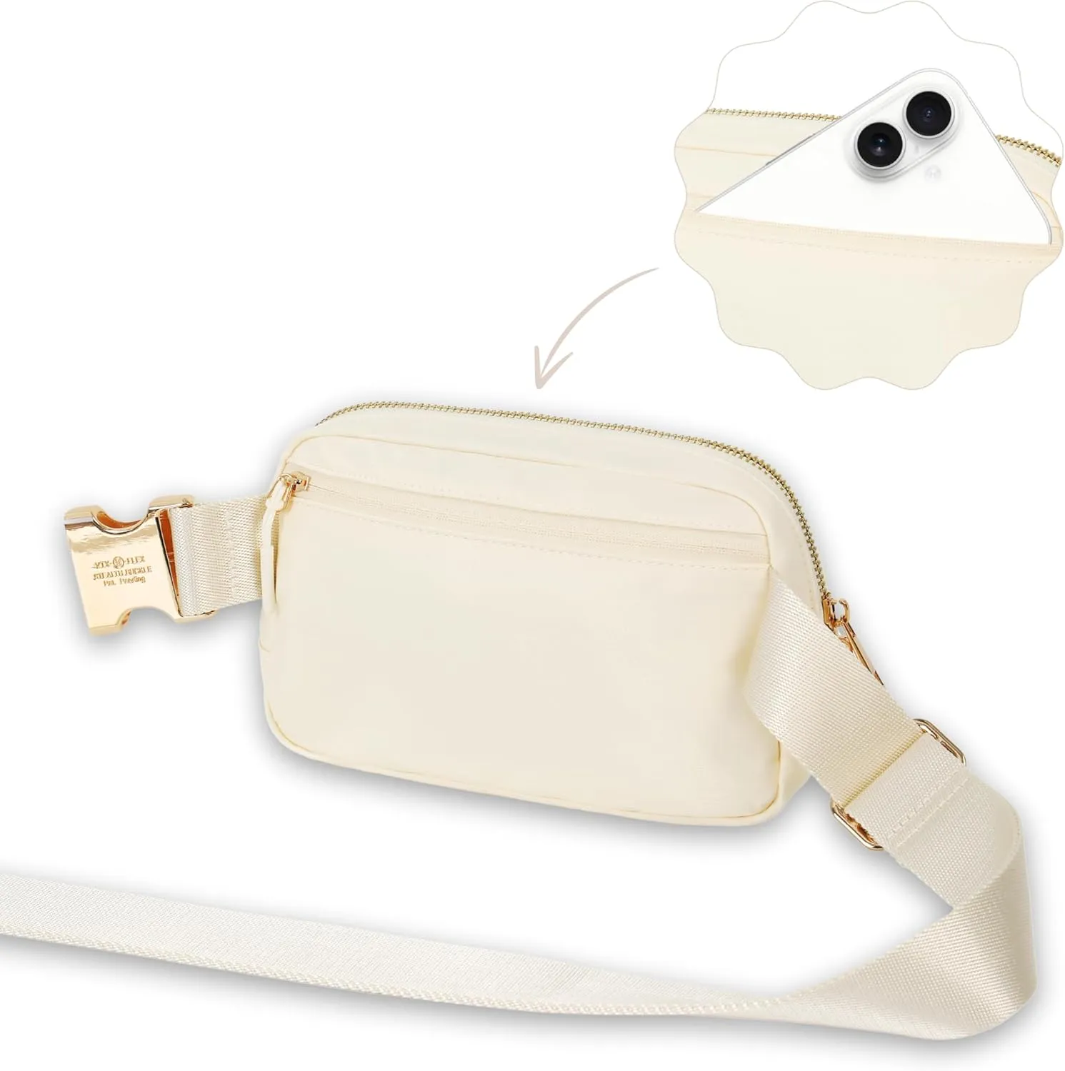 FORZAROCKET Boutique Belt Bag w/Long Strap 70" – Chic Crossbody Bag w/Extended Strap – Elegant Women Fanny Pack – Gold Two-Way Zipper – Travel & Plus Size Friendly, White Cream w/Gold Hardware