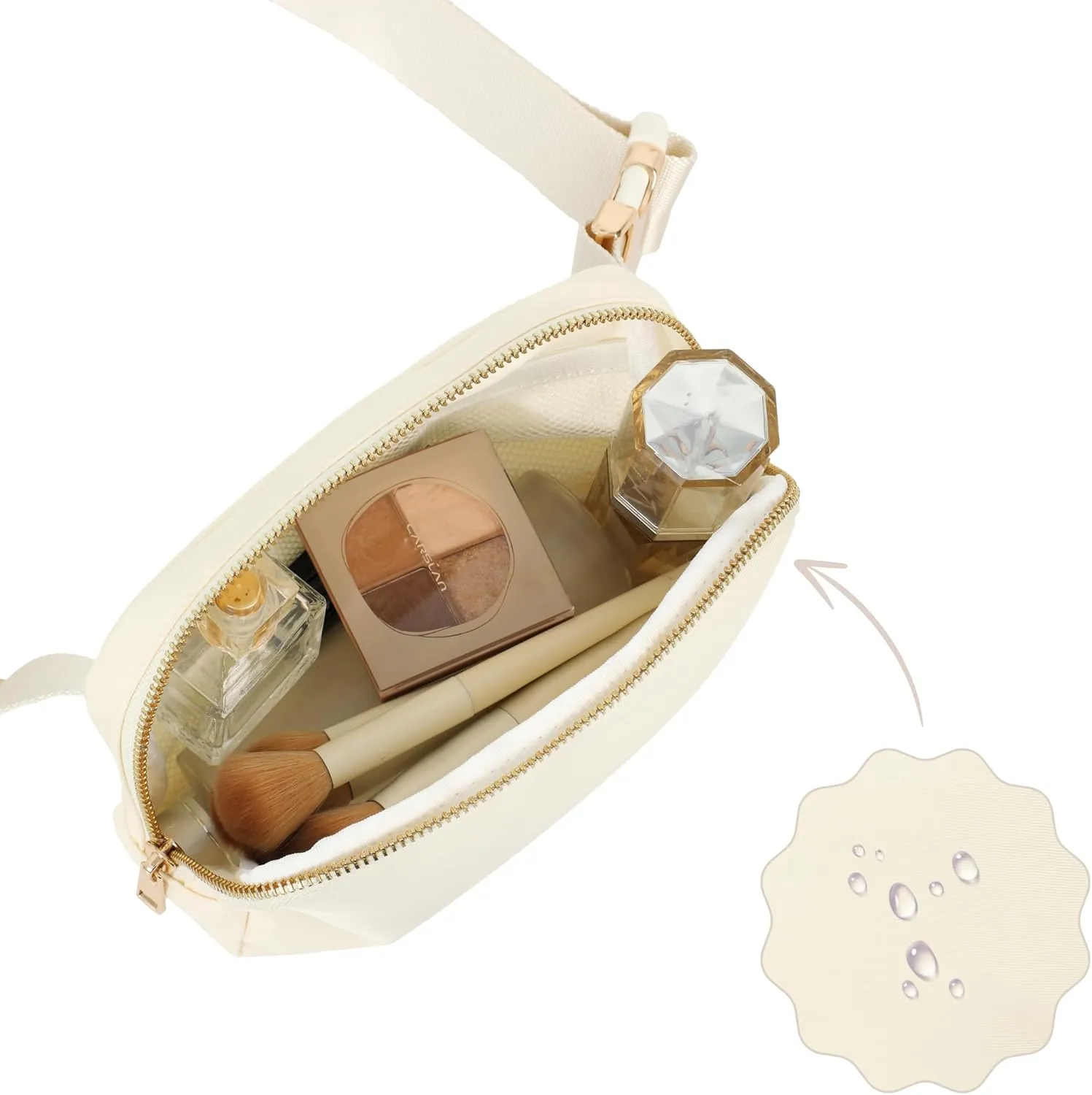 FORZAROCKET Boutique Belt Bag w/Long Strap 70" – Chic Crossbody Bag w/Extended Strap – Elegant Women Fanny Pack – Gold Two-Way Zipper – Travel & Plus Size Friendly, White Cream w/Gold Hardware