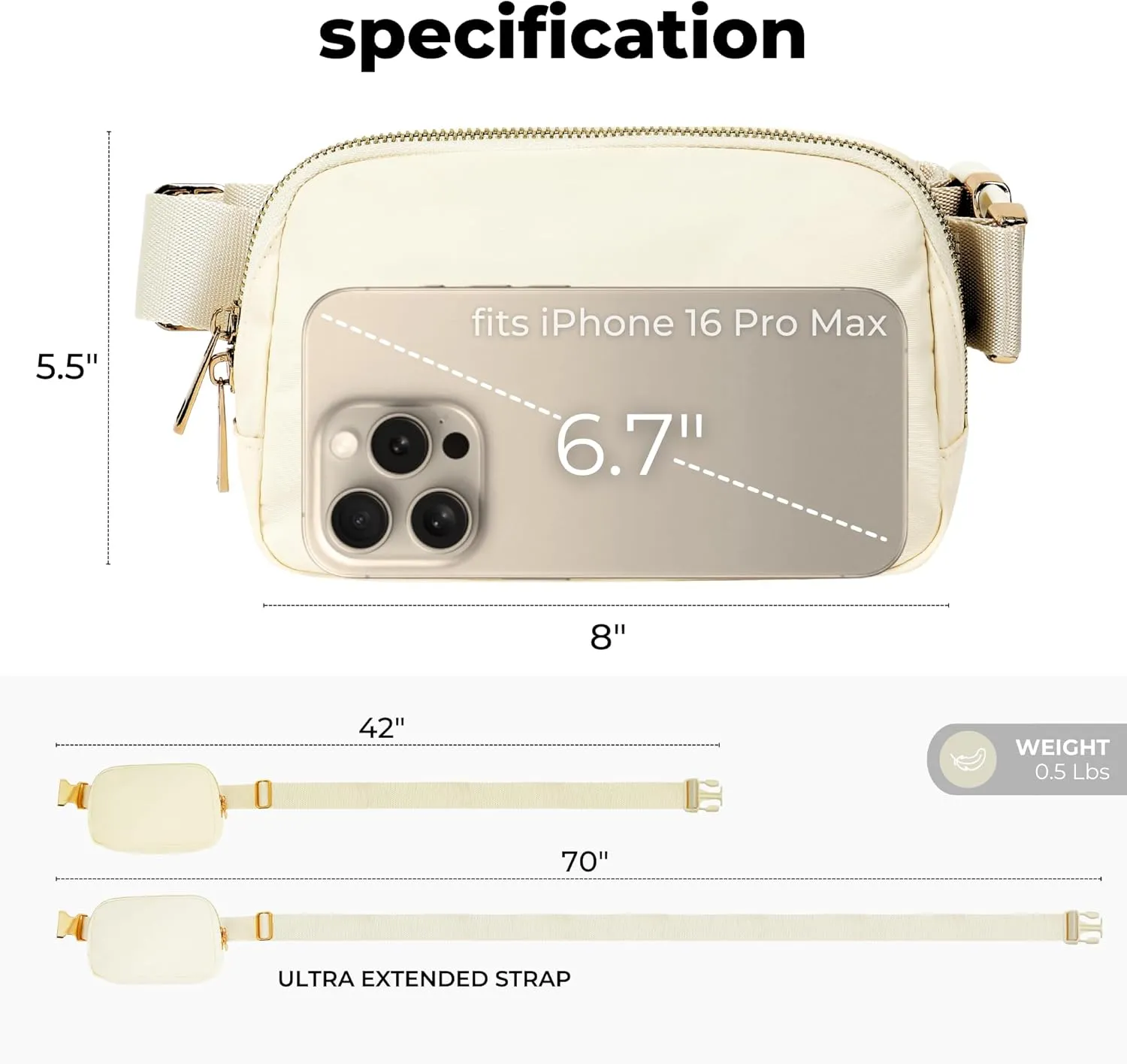 FORZAROCKET Boutique Belt Bag w/Long Strap 70" – Chic Crossbody Bag w/Extended Strap – Elegant Women Fanny Pack – Gold Two-Way Zipper – Travel & Plus Size Friendly, White Cream w/Gold Hardware