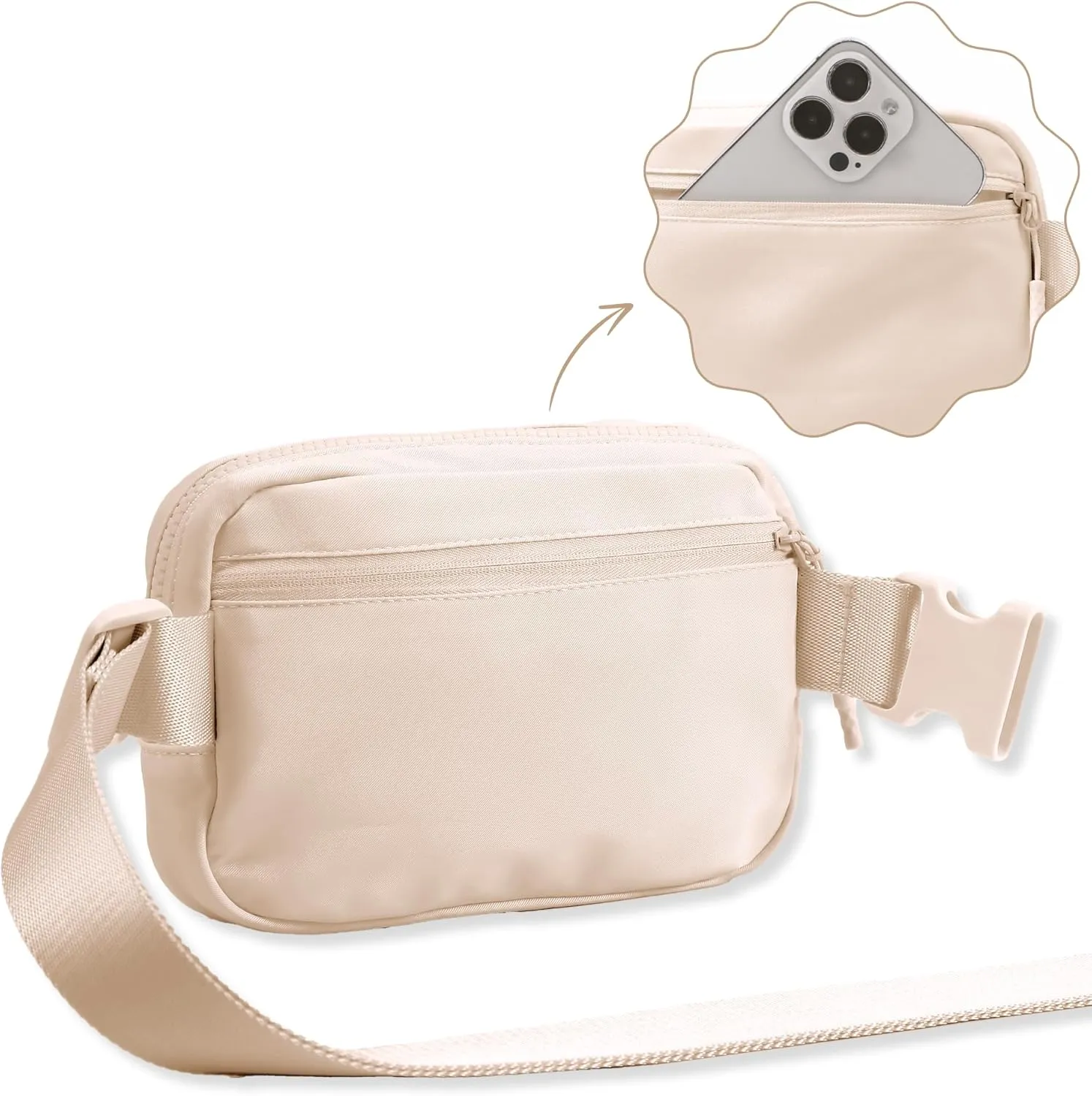 FORZAROCKET Essential Belt Bag w/Long Strap 70" & Front Zip Pocket – Crossbody Bag w/Extended Strap – Fanny Pack for Women Men – Two-Way Zipper Sling Bag – Travel & Plus Size Friendly, Beige