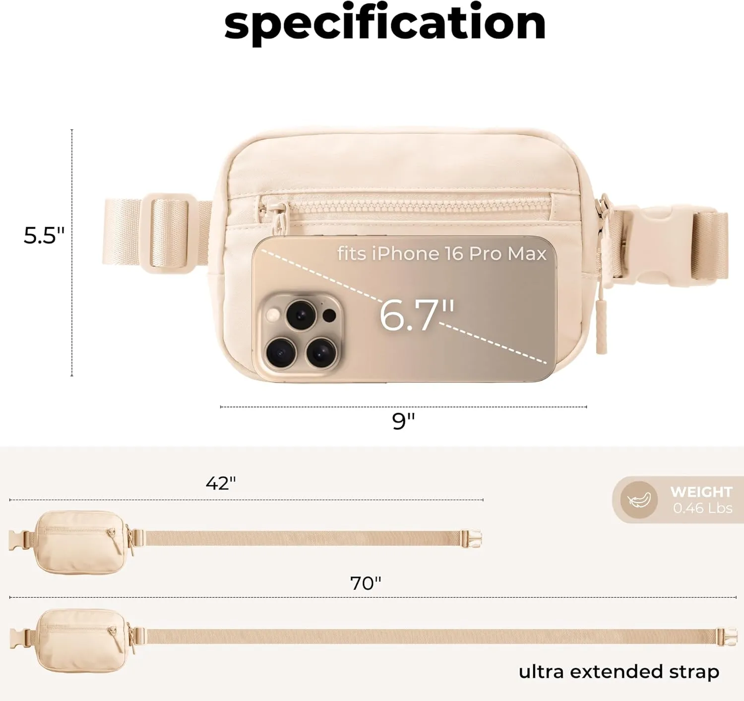 FORZAROCKET Essential Belt Bag w/Long Strap 70" & Front Zip Pocket – Crossbody Bag w/Extended Strap – Fanny Pack for Women Men – Two-Way Zipper Sling Bag – Travel & Plus Size Friendly, Beige