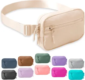 FORZAROCKET Essential Belt Bag w/Long Strap 70" & Front Zip Pocket – Crossbody Bag w/Extended Strap – Fanny Pack for Women Men – Two-Way Zipper Sling Bag – Travel & Plus Size Friendly, Beige