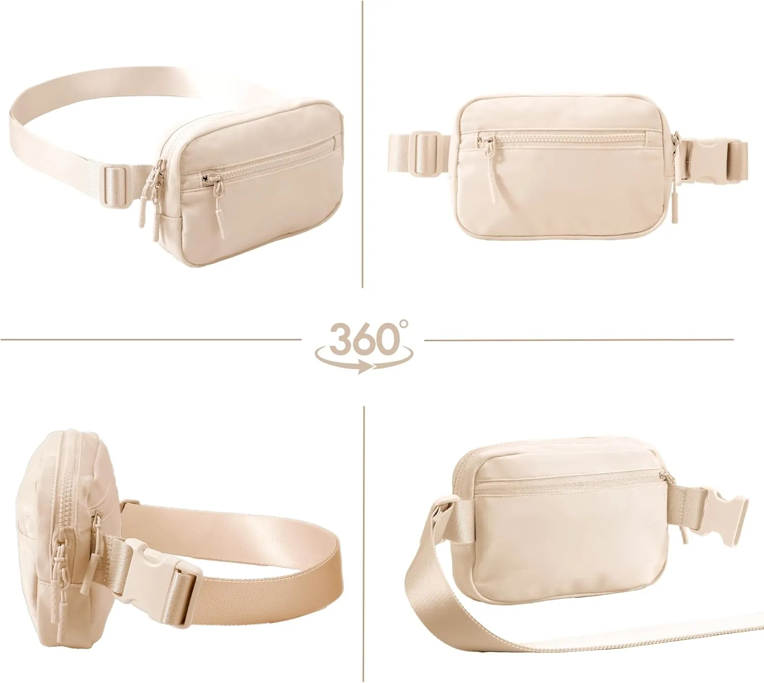 FORZAROCKET Essential Belt Bag w/Long Strap 70" & Front Zip Pocket – Crossbody Bag w/Extended Strap – Fanny Pack for Women Men – Two-Way Zipper Sling Bag – Travel & Plus Size Friendly, Beige