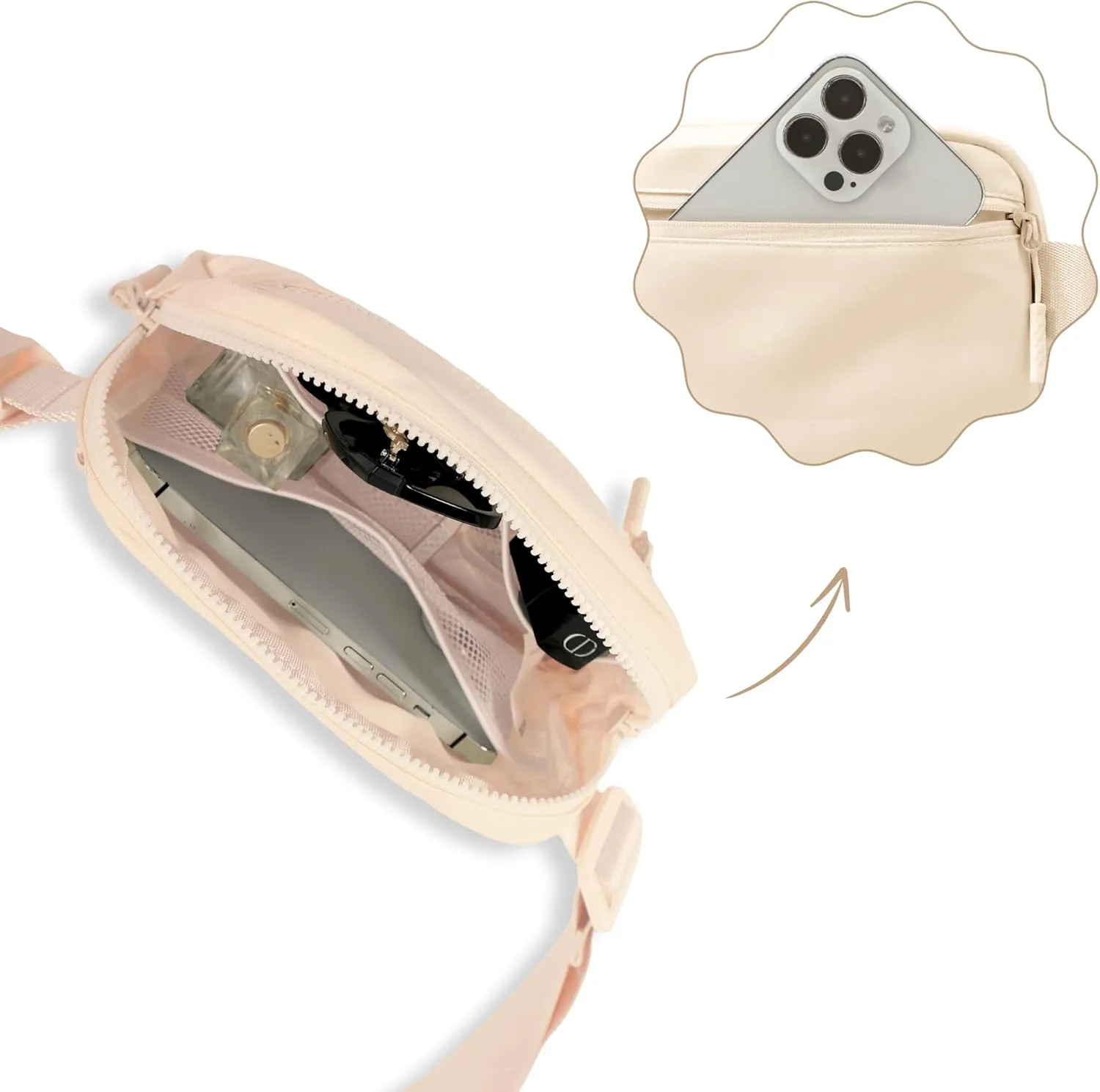 FORZAROCKET Essential Belt Bag w/Long Strap 70" & Front Zip Pocket – Crossbody Bag w/Extended Strap – Fanny Pack for Women Men – Two-Way Zipper Sling Bag – Travel & Plus Size Friendly, Beige