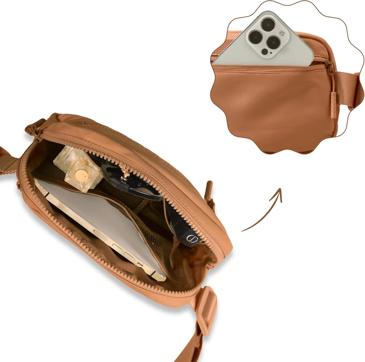 FORZAROCKET Essential Belt Bag w/Long Strap 70" & Front Zip Pocket – Crossbody Bag w/Extended Strap – Fanny Pack for Women Men – Two-Way Zipper Sling Bag – Travel & Plus Size Friendly, Caramel