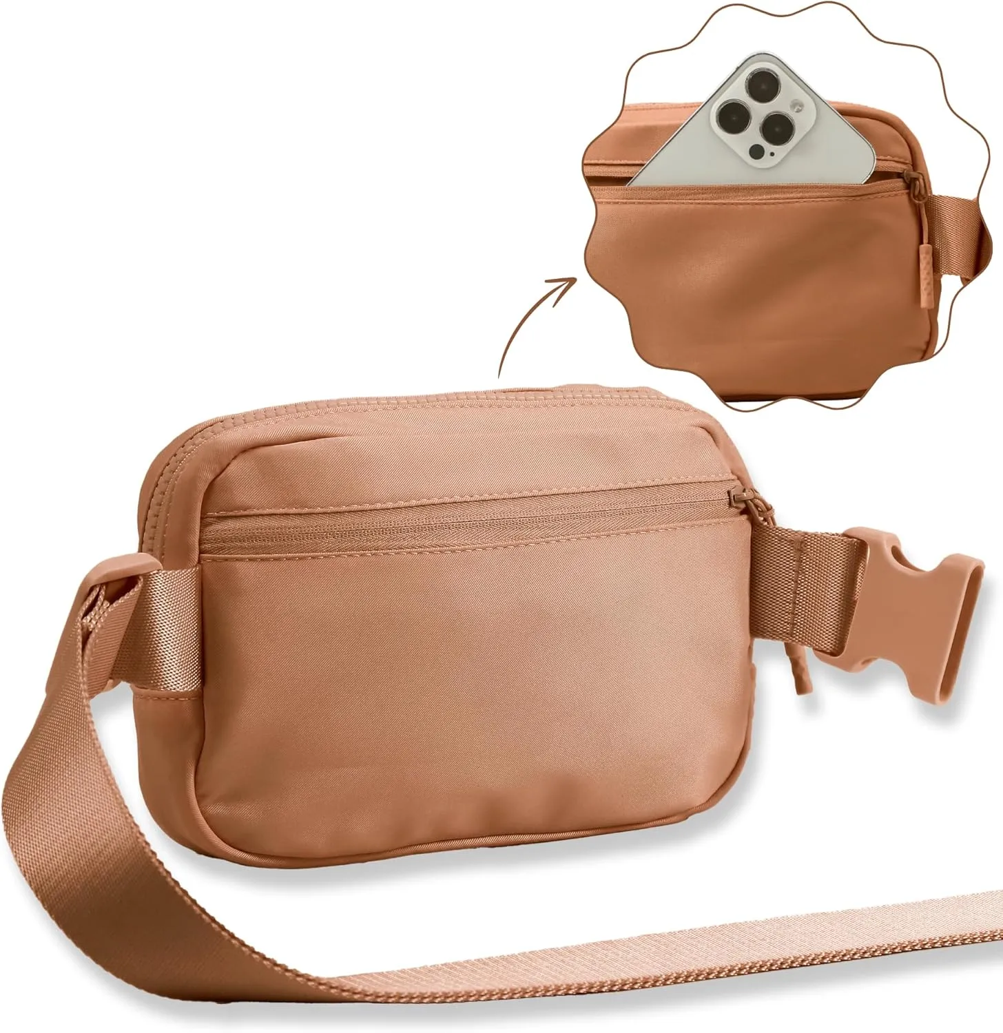 FORZAROCKET Essential Belt Bag w/Long Strap 70" & Front Zip Pocket – Crossbody Bag w/Extended Strap – Fanny Pack for Women Men – Two-Way Zipper Sling Bag – Travel & Plus Size Friendly, Caramel