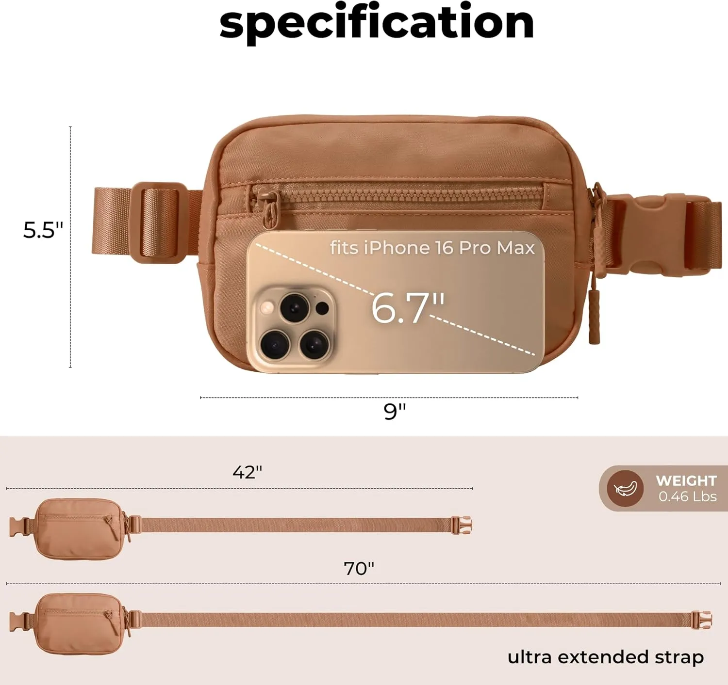 FORZAROCKET Essential Belt Bag w/Long Strap 70" & Front Zip Pocket – Crossbody Bag w/Extended Strap – Fanny Pack for Women Men – Two-Way Zipper Sling Bag – Travel & Plus Size Friendly, Caramel