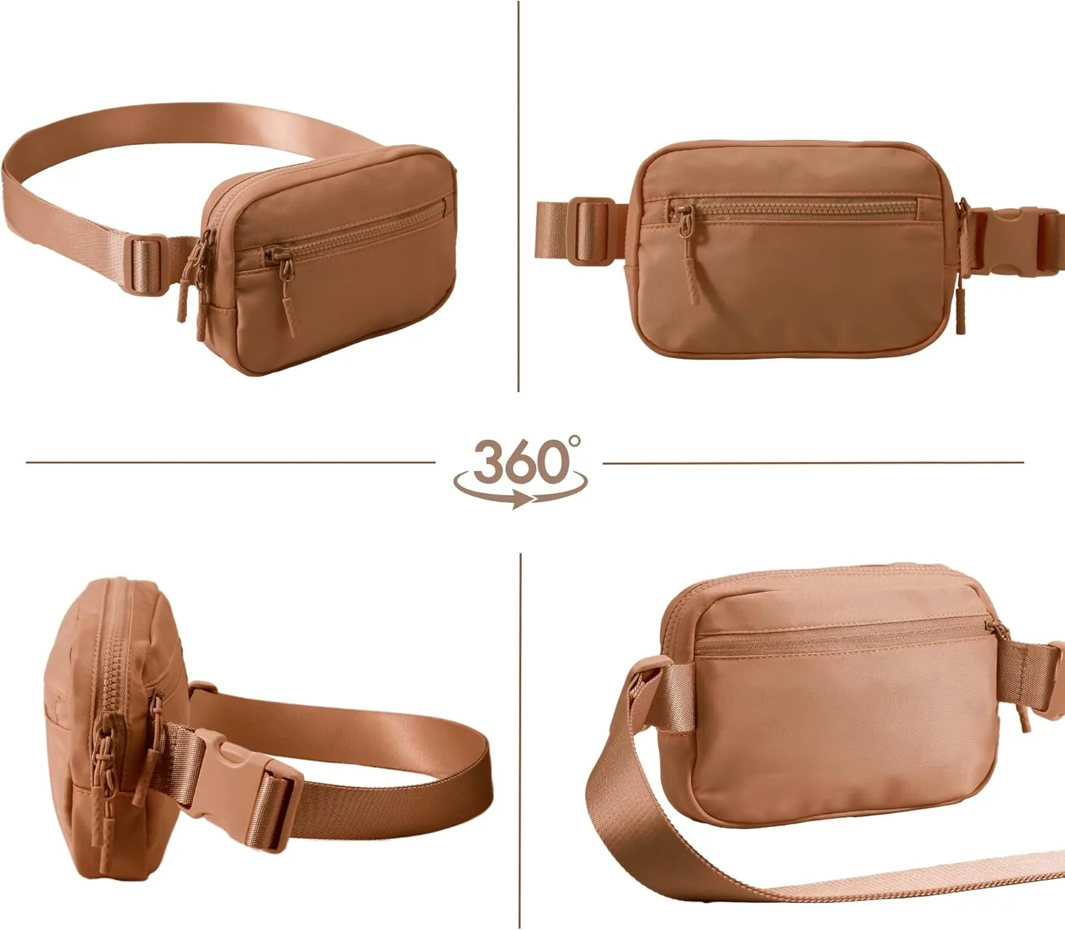 FORZAROCKET Essential Belt Bag w/Long Strap 70" & Front Zip Pocket – Crossbody Bag w/Extended Strap – Fanny Pack for Women Men – Two-Way Zipper Sling Bag – Travel & Plus Size Friendly, Caramel
