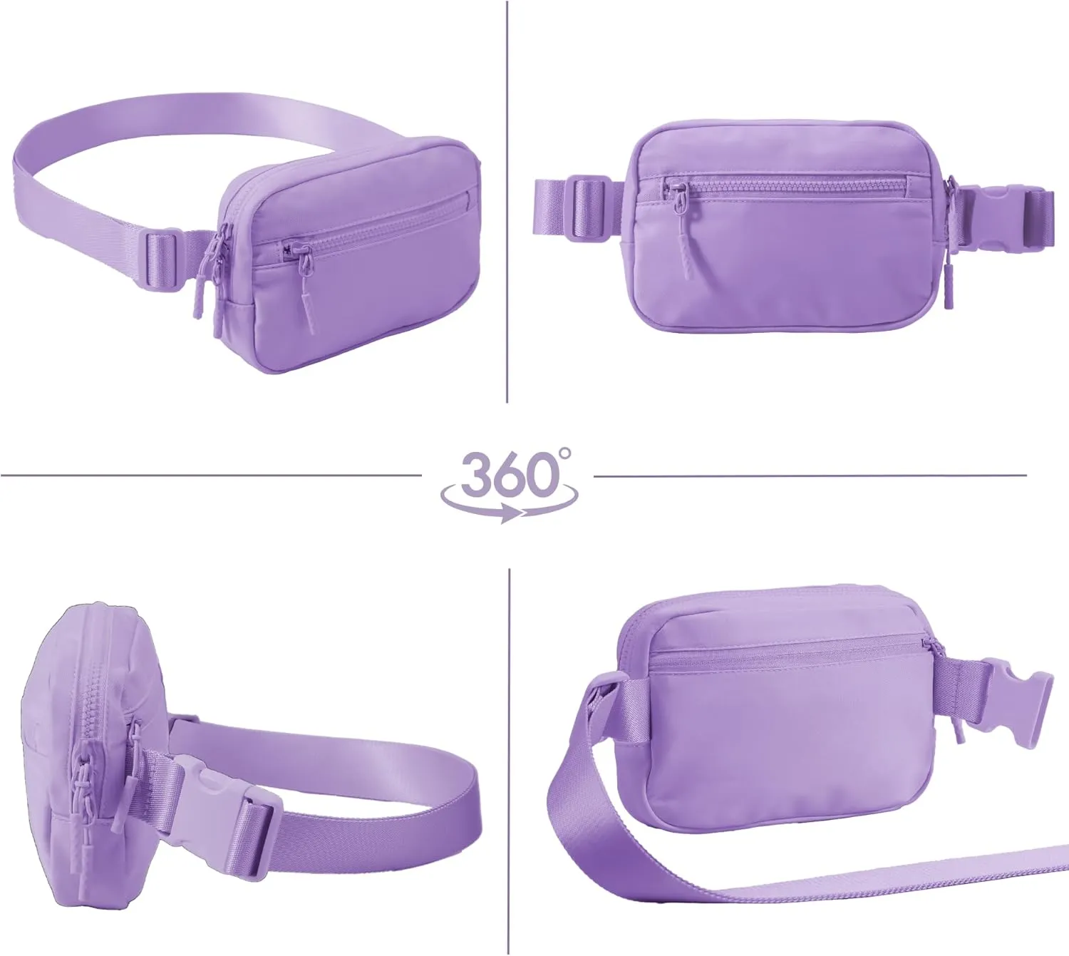 FORZAROCKET Essential Belt Bag w/Long Strap 70" & Front Zip Pocket – Crossbody Bag w/Extended Strap – Fanny Pack for Women Men – Two-Way Zipper Sling Bag – Travel & Plus Size Friendly, Cloud Purple