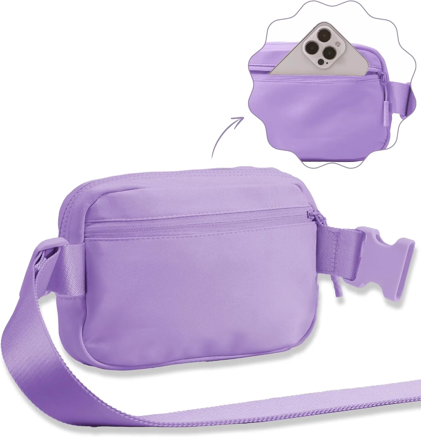 FORZAROCKET Essential Belt Bag w/Long Strap 70" & Front Zip Pocket – Crossbody Bag w/Extended Strap – Fanny Pack for Women Men – Two-Way Zipper Sling Bag – Travel & Plus Size Friendly, Cloud Purple