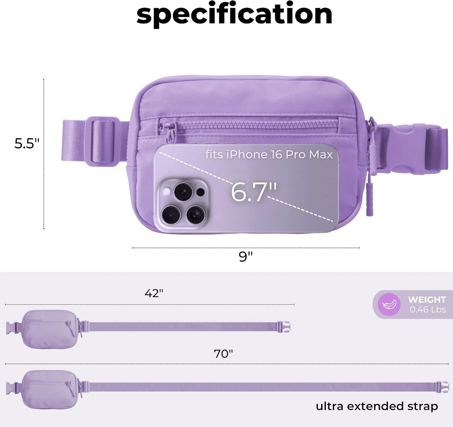 FORZAROCKET Essential Belt Bag w/Long Strap 70" & Front Zip Pocket – Crossbody Bag w/Extended Strap – Fanny Pack for Women Men – Two-Way Zipper Sling Bag – Travel & Plus Size Friendly, Cloud Purple