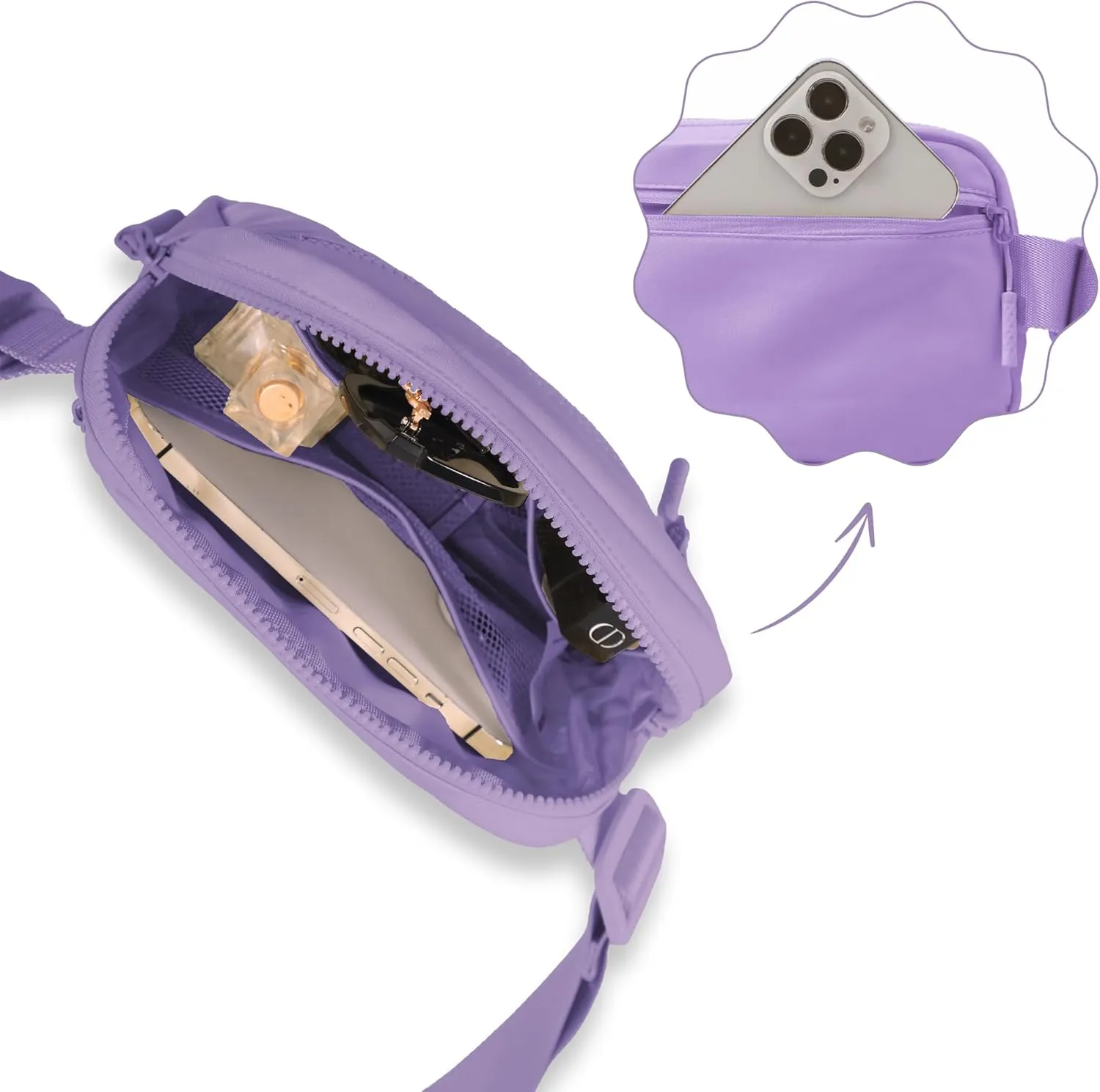 FORZAROCKET Essential Belt Bag w/Long Strap 70" & Front Zip Pocket – Crossbody Bag w/Extended Strap – Fanny Pack for Women Men – Two-Way Zipper Sling Bag – Travel & Plus Size Friendly, Cloud Purple