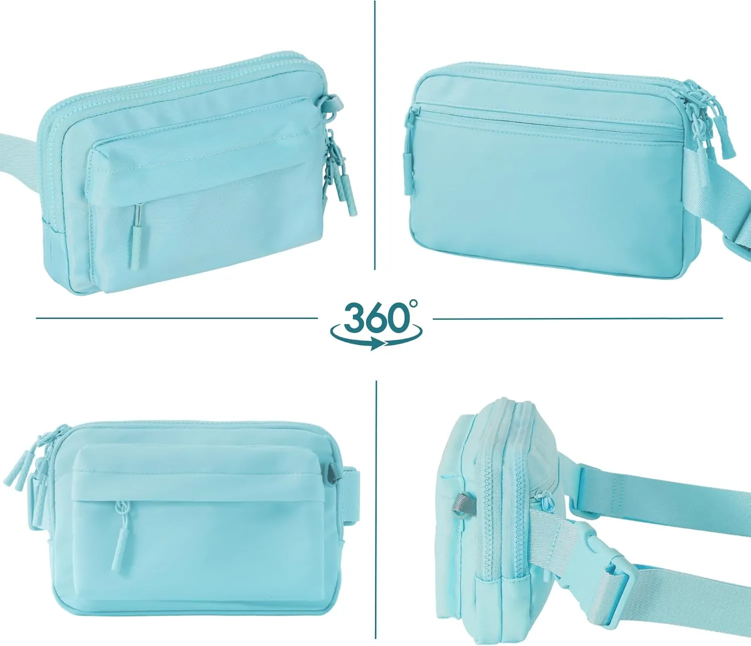FORZAROCKET Essential  Belt Bag w/Long Strap 70" – Double Compartment – Crossbody Bag w/Extended Strap – Fanny Pack for Women Men – Two-Way Zipper Sling Bag – Travel & Plus Size Friendly, Icing Blue