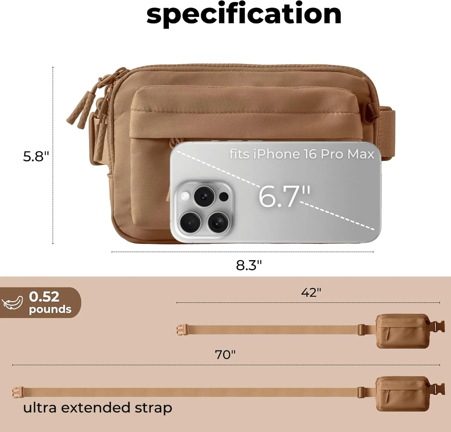 FORZAROCKET Essential  Belt Bag w/Long Strap 70" – Double Compartment – Crossbody Bag w/Extended Strap – Fanny Pack for Women Men – Two-Way Zipper Sling Bag – Travel & Plus Size Friendly, Light Brown